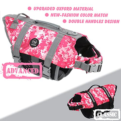 EMUST Dog Life Vests, Adjustable Pet Life Jacket with Rescue Handle, Dog Flotation Vest for Small/Medium/Large Dogs, XS, NewPinkCamouflage - color: NewPinkCamouflage, size: XS