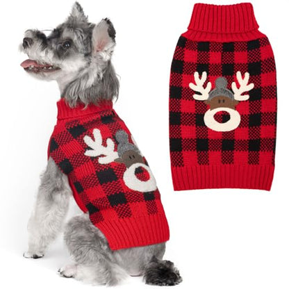 KYEESE Dog Christmas Sweater with Reindeer Pattern Cozy Winter Outfit Boy Girl Red Buffalo Plaid Knitwear Turtleneck Dog Sweater for Small Dogs with Leash Hole Soft Warm Pet Clothes, Small - color: 3#Christmas, size: Small (4-7lbs)