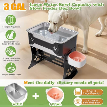 3 Gallon Elevated Dog Bowl Large Breed Raised Dog Water Bowl Stand,3 Height Adjustable Stainless Steel Pet Feeder Station with Anti-Slip Mat,Black Pet Bowl for Relief Joint Pressure,Easy Clean - color: Black, size: XL