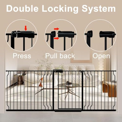 WAOWAO Baby Gate 158-181cm(62-71인치) 엑스트라 와이드 압력 장착 워크 스루 스윙 자동 닫힘 안전 블랙 메탈 유아 어린이 개 애완동물 강아지 계단, 출입구, 주방용 - color: 블랙., size: 62.2-70.6"/158-179.32cm