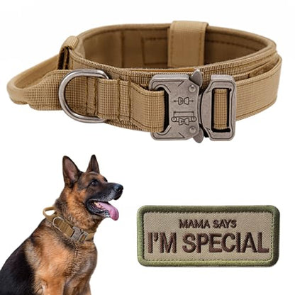 Tactical Dog Collar with Handle - Military Adjustable Dog Training Collar Soft Nylon and Heavy Duty Metal Buckle for Medium Large Dogs - with Patch (Brown, Medium) - color: Brown, size: Medium