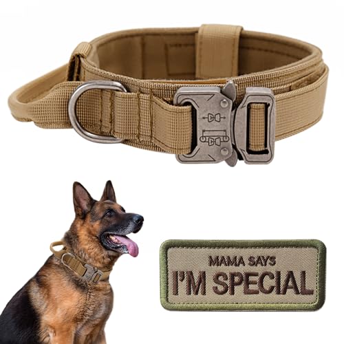 Tactical Dog Collar with Handle - Military Adjustable Dog Training Collar Soft Nylon and Heavy Duty Metal Buckle for Medium Large Dogs - with Patch (Brown, Medium) - color: Brown, size: Medium