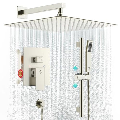 SR SUN RISE 12 Inch Square Shower System, Rain Shower Head and Slide Bar Handheld Shower Faucet Wall Mounted Combo Set Included Valve and Trim Kit for Bathroom, Brushed Nickel - color: Brushed Nickel, style: 12"