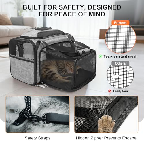 Cat Carrier Soft Expandable Pet Carrier Top & Sides Airline Approved Dog Carriers 360° Ventilation Soft-Sided Cat Carriers with Breathable Mesh Built-in Safety Leash & Reversible Cushion - color: Grey