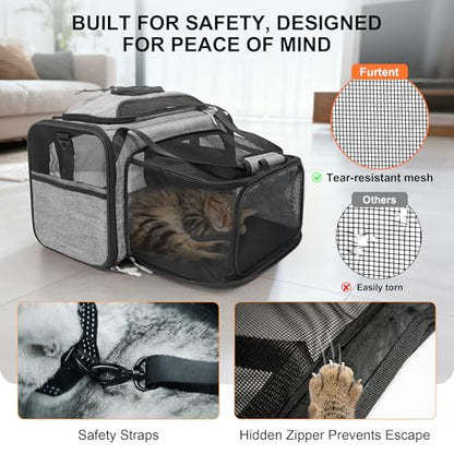 Cat Carrier Soft Expandable Pet Carrier Top & Sides Airline Approved Dog Carriers 360° Ventilation Soft-Sided Cat Carriers with Breathable Mesh Built-in Safety Leash & Reversible Cushion - color: Grey