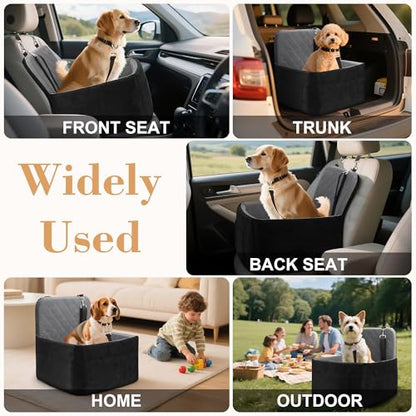 Dog Car Seat for Small/Medium Dogs,Pet Dog Booster Car Seat Puppy 15-35 lbs with Soft 4+2in Detachable Pads Detachable Elevated Cushion and Washable Cover Safety Belt Storage Pockets Easy to Install - color: grey+black