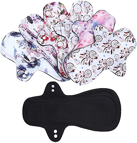 7PCS Pack Reusable Washable Incontinence Cloth Pads Including 6PCS Heavy Flow Feminine Hygiene Bamboo Charcoal Cloth Sanitary Pads Reusable Menstrual Pad + 1PC Mini Wet Bag - color: 7 Pieces Set A4, size: Heavy Flow Bamboo Charcoal