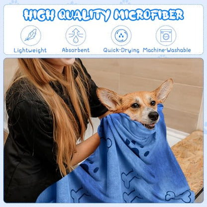 Tatuo 12 Pcs Dog Grooming Towels 28 x 55 Inch Microfiber Drying Pet Bath Towels Dog Absorbent Towel Quick Drying Puppy Bathing Supplies for Small Medium Large Puppy Cat(Blue,Paw, Bone) - color: Blue, Paw