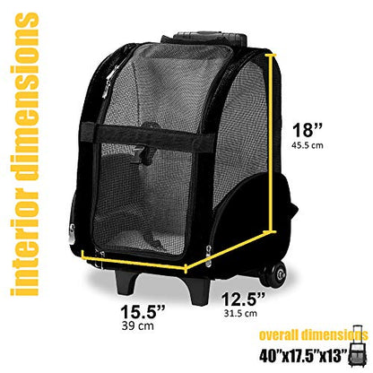 KOPEKS Deluxe Backpack Pet Travel Carrier with Double Wheels for Pets up to 18 Pounds - Black - color: Black, size: 17.5"L x 13.0"W x 20.0"H