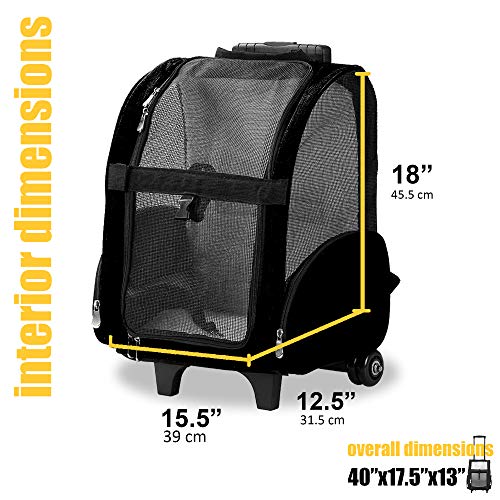 KOPEKS Deluxe Backpack Pet Travel Carrier with Double Wheels for Pets up to 18 Pounds - Black - color: Black, size: 17.5"L x 13.0"W x 20.0"H