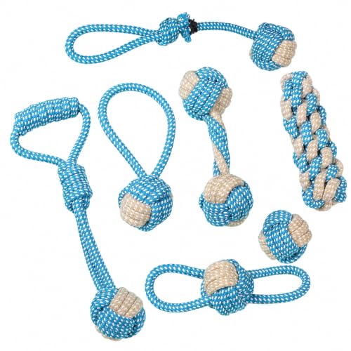 Durable Cotton Rope Dog Toys 7 Piece Set, Tough Chew Knot Balls for Teeth Cleaning, Interactive Tug and Fetch Toys for Small Medium Large Dogs, Indoor Outdoor Play - color: Blue and gray 7-piece set