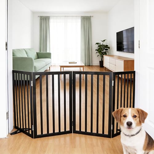 ZJSF Freestanding Indoor Dog Gate for House Foldable Wood Puppy Gate for Doorways Pet Gate for Stairs Extra Wide Pet Fence, Black, 32" Height 4 Panels - color: Black, size: 【4 Panels】80''w x 32''h