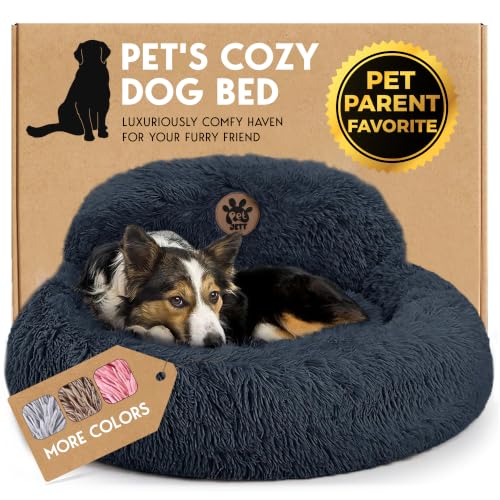 PetJett Calming Dog Bed Medium Size Dog - 30'' Donut Bed, Washable Dog Bed, Anti-Slip & Super Soft Fluffy Plush Round Dog Bed, Anti-Anxiety Premium Comfort Pet Bed, Fits Dogs Upto 45 lbs - Dark Grey - color: Dark Gray, size: Medium - 30”L x 30”W x 8”Th