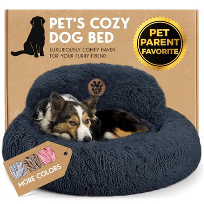 PetJett Calming Dog Bed Medium Size Dog - 30'' Donut Bed, Washable Dog Bed, Anti-Slip & Super Soft Fluffy Plush Round Dog Bed, Anti-Anxiety Premium Comfort Pet Bed, Fits Dogs Upto 45 lbs - Dark Grey - color: Dark Gray, size: Medium - 30”L x 30”W x 8”Th