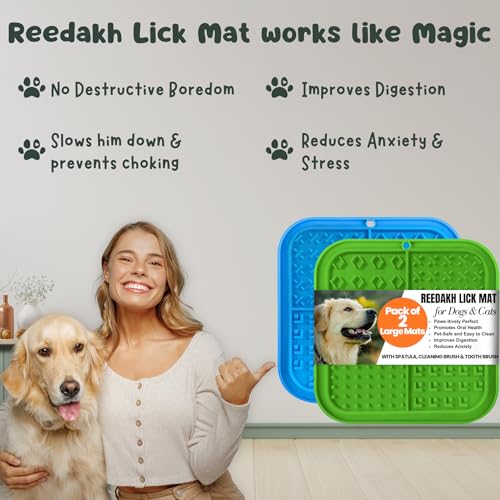 Large Licking Mats for Dogs and Cats, Slow Feeder Lick Pad with Suction Cups for Dog Training,Peanut Butter Licking Pad for Boredom Reducer (2 Lick Mats with Free Spatula, Tooth Brush, cleaning Brush)