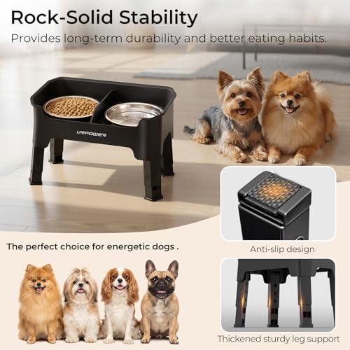 URPOWER Mess Proof Elevated Dog Bowls, High Wall Splash Guard Design, 4 Height Adjustable Raised Bowl Stand, 2 Stainless Steel Bowls, Non-Slip Food Water Set for Small Dogs - color: Black, size: Small