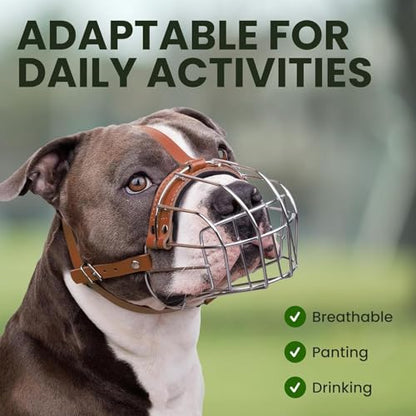 BRONZEDOG Pitbull Dog Muzzle Breathable Metal Basket for Large Dogs Amstaff Staffordshire Terrier Biting Chewing Barking (Leather, Brown) - color: Leather, Brown