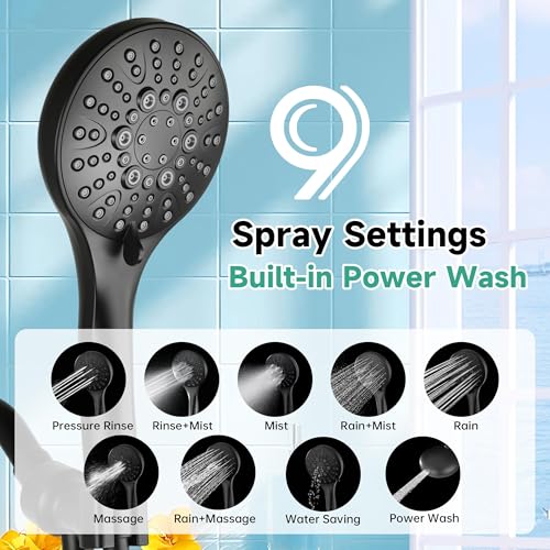BRIGHT SHOWERS High Pressure Shower Head with Handheld, 9 Spray Settings Showerhead Built in Power Wash to Clean Tub and Pets, Extra Long 69" Hose, Adjustable Bracket, Matte Black - color: Matte Black, style: 1.8 GPM | 9 Modes