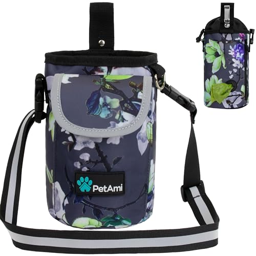 PetAmi Dog Treat Pouch, Large 3-Cup Dog Training Treat Bag with Poop Bag Dispenser, Hands-Free Waist Belt & Crossbody Strap, Reflective with Multiple Pockets & Belt Clip (Floral Grey) - color: Floral Grey