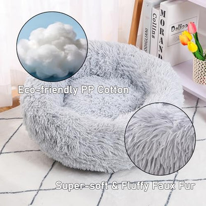 Calming Donut Dog Bed Medium Size Dog - Washable Removable Cover Non-Slip Bottom, Round Pet Bed Cat Bed Warming Fluffy Plush Faux Fur Anti-Anxiety, Fits up to 45 lbs (Light Grey, 30") - color: Light Grey, size: 30"L x 30"W x 8"Th