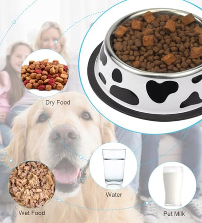 Stainless Steel Dog Bowls, Food and Water Non Slip Anti Skid Stackable Pet Puppy Dishes for Small, Medium and Large Dogs (2 Pack) - color: Milk Cow, size: 1.5 Cup/12 oz