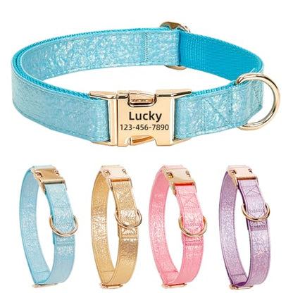 Glare Blue Personalized Dog Collars Leather and Nylon Thicken Design Engraved Heavy Duty Dog Collar with Name Plate Adjustable with Quick Release Metal Buckle for Small Medium Large Dogs,M - color: Blue - Personalized, size: M-(neck adjustable 12.6-19.3"