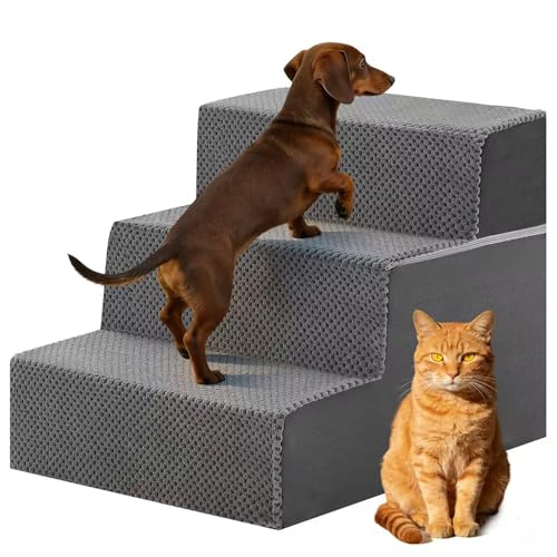 DUMOS Dog Stairs for Small Dogs, 3-Steps Non-Slip Balanced Indoor Foldable Dog Steps with Density Foam & Washable Cover, Cat Puppy Old Pet Stairs for High Bed, Couch, Sofa - Grey, 18" H