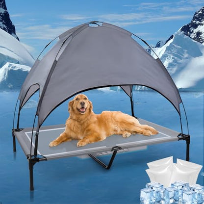 48'' Outdoor Elevated Dog Bed with Canopy, Raised Dogs Bed Medium Large Size Dogs with Six Support Feet, Breathable Cooling Dog Cot Beds, Outdoor Dog Hammock Bed,Outside Pet Bed with 4 Ice Pack(Large) - size: Large(48.0"L x 31.5"W x 8.0"Th)