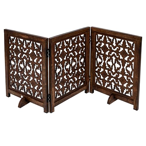 Freestanding Pet Gate for Dogs, Foldable Wooden Dog Gate for House, Indoor Dog Gate for Stair, Doorway, Flower Design Gates for Dogs Indoor, 54 Inch Wide, (18" x3 Panels 54 inch), Burnt Finish - color: Burnt, size: 54x22.5" 3 Panel Flower