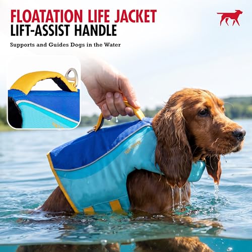 Tuff Pupper Dog Life Jacket | High Buoyancy Dog Swim Vest with Rescue Handle | Adjustable Secure Fit | Reflective Safety Trim | Pet Flotation Jacket for Swimming Boating Kayaking (Blue/Yellow, XXS) - size: XX-Small