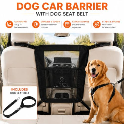 Dog Car Barrier, Dog Car Net Barrier, Heavy Duty Canvas Seat Divider with Belt Set, Double-Sided Organizer, Adjustable Pet Safety Kit, Precision Fit for SUV & Cars