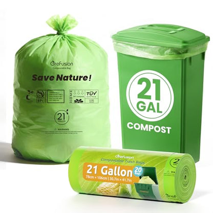 GreFusion Compostable Trash Bags 21 gallon,20 Count,Extra Thick 1.28 Mills,Fits13-25 gallon trash can, Extra Strong and thick,Compostable Lawn & Leaf Yard Waste bags,ASTM D6400,Bpi Certified - color: 21G-20Count