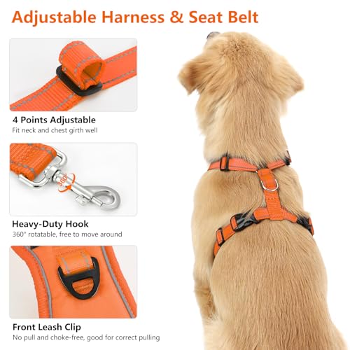 VavoPaw Dog Seat Belt Harness for Car, Dog Car Harness Adjustable Mesh Breathable & Dogs Seatbelt Safety Tether with Elastic Bungee for Small Medium Large Pets(Orange, M)
