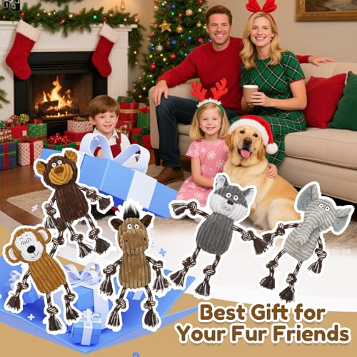 5 pack Large dog Squeaky Toys,Tough Stuffed Plush dog chew Toys Assortment ,Durable plush Animal dog Toys with Tug of War Rope to Keep Them Busy, Puppy Toys Value Bundle for Small Medium Large Dogs