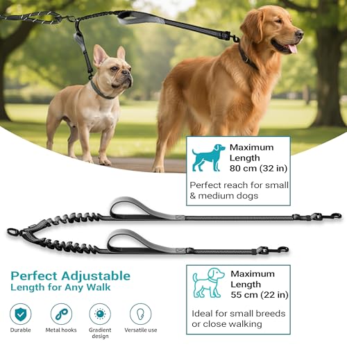wikiRay Double Dog Leash Coupler for Walking 2 Dogs – No Tangle Dual Dog Splitter with Shock-Absorbing Bungee, Padded Traffic Handles & Reflective Stitching (Grey) - color: Grey