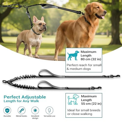 wikiRay Double Dog Leash Coupler for Walking 2 Dogs – No Tangle Dual Dog Splitter with Shock-Absorbing Bungee, Padded Traffic Handles & Reflective Stitching (Grey) - color: Grey