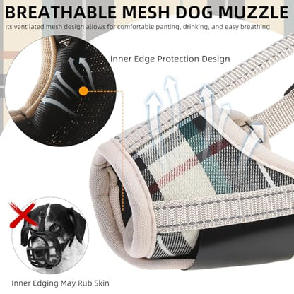 PUPTECK Dog Muzzle, Soft Adjustable Loop Reflective Pet Muzzle Prevent Biting Barking Chewing, Breathable Muzzle with Air Mesh Dog Mouth Guard Drinkable for Large Medium Small Sized, Beige Plaid M - color: Beige, size: M (Snout Cir: 5.5"-7.87")