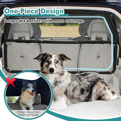 Dog Car Barrier Escape-Proof, 56" Wide Divider for 2nd 3rd Row Seats & Cargo Area, Durable Back Seat Gate Trunk Barrier with See Through Net Mesh for Trucks, Large SUV & Full Sized Vehicles - size: Large