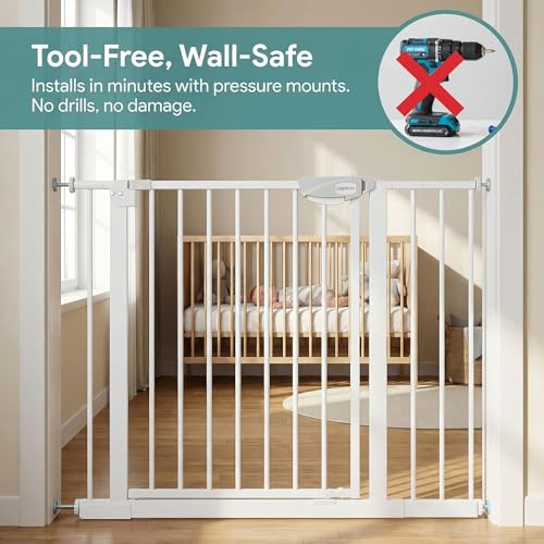 Safety Gate for Stairs & Doorways, Auto-Close Baby Gate or Dog Gate – Pressure Mount No Drilling, 30" Tall All Metal Frame with Dual Locking System (White, 30" Tall 29"-43" Wide) - size: 30"Tall 29"-43" Wide