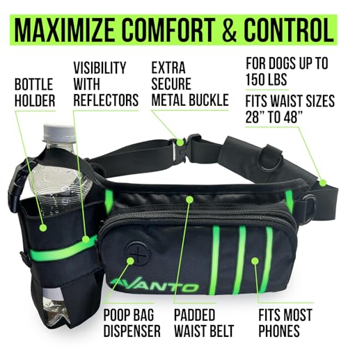 AVANTO Hands Free Dog Leash with Waist Belt – Adjustable Running Belt for Dogs, Reflective Bungee, Dual Handles, Durable for Large Dogs, No-Pull Jogging & Hiking Leash for Active Pet Owners