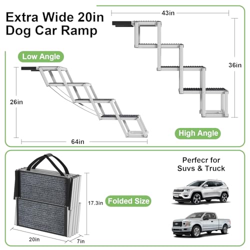 Dog Stairs for Large Dogs, 20" Extra Wide Folding Dog Ramp for Car SUV Truck, Lightweight Dog Steps with Non-Slip Surface & Aluminum Frame, Portable Pet Stairs Supports up to 250 lbs, 4 Steps - size: 20*17 in