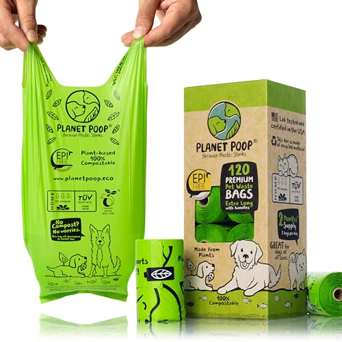 PLANET POOP Home Compostable Dog Poop Bags Extra-long with Handles 120 Un-Scented Pet Waste Bags Plastic Free, Thick Leakproof Plant-Based Doggy Bag, Cats & Dogs Pet Supplies - size: 120 Count (Pack of 1)