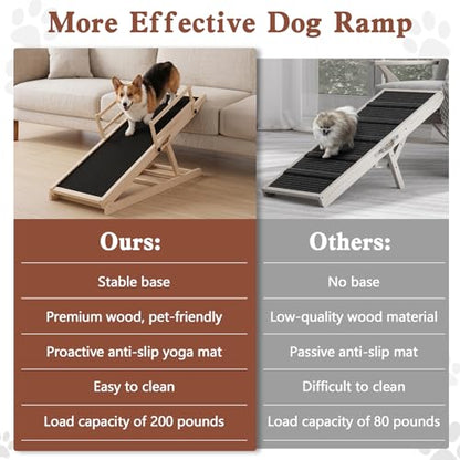 Dog Ramp for Bed Couch, 47" Long Pet Steps for Small Medium Dogs | 6 Heights 20.3"-27", Holds 200 lbs, Foldable, 2 Safety Side Rails, For Older/Injured Pets, Solid Wood, Anti-slip Yoga Mat - size: 47"L x 16"W x 3.3"H