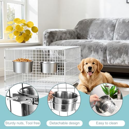 2 Pack Dog Crate Water Bowl Hanging Kennel Water Bowls No Spill Stainless Steel Dog Food Bowls Kennel Bowl Mountable Coop Cup for Large Medium Dogs (7.1” & 7.9”)