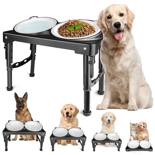 Elevated Dog Bowls Collapsible for Large Size Medium Small Dogs, 2 Raised Dog Bowls for Food Water &1 Slow Feeder Bowl, 5 Heights Adjustable Bowl Stand with Non-Slip Feet