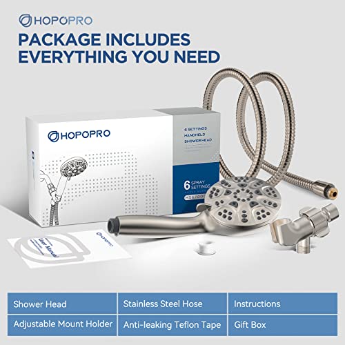 6-Mode High Pressure Handheld Shower Head Set, Consumer Reports Recommended HOPOPRO High Flow Hand Held Showerhead with 59 Inch Hose Bracket Teflon Tape Rubber Washers - color: Brushed Nickel, style: 6 Modes
