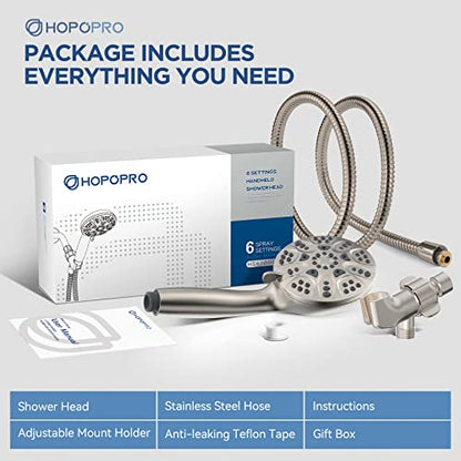 6-Mode High Pressure Handheld Shower Head Set, Consumer Reports Recommended HOPOPRO High Flow Hand Held Showerhead with 59 Inch Hose Bracket Teflon Tape Rubber Washers - color: Brushed Nickel, style: 6 Modes