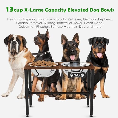 SHAINFUN Elevated Dog Bowls with Mat for Large & Extra Large Dogs, Raised Dog Bowl Stand with 2 Stainless Steel Bowls, Tall Dogs Food Water Bowl Holder - color: Brown-3L