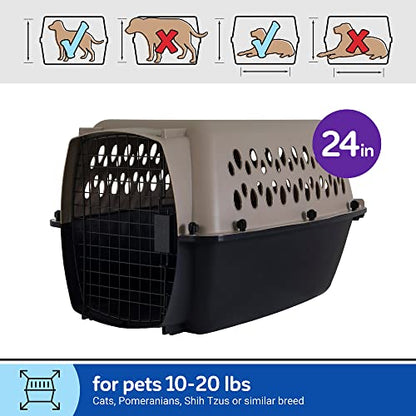 Petmate Vari Dog Kennel Portable Carriers & Crates for Smaller Dogs or Puppies and Pets 10 to 20 lbs, Airline-Friendly Plastic Pet Carrier Home and Travel, 24" Long, Taupe & Black, 24” x 16.7” x 14.5” | Airline friendly pet carrier, durable plastic shell,