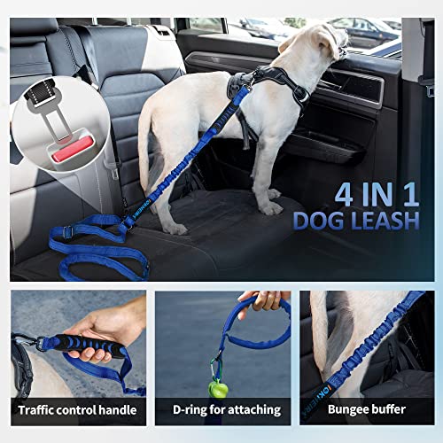 IOKHEIRA Multifunctional Dog Leash for Large & Medium Dogs, Adjustable with Car Seatbelt, 4-6 FT Strong Bungee (Blue) - color: Blue